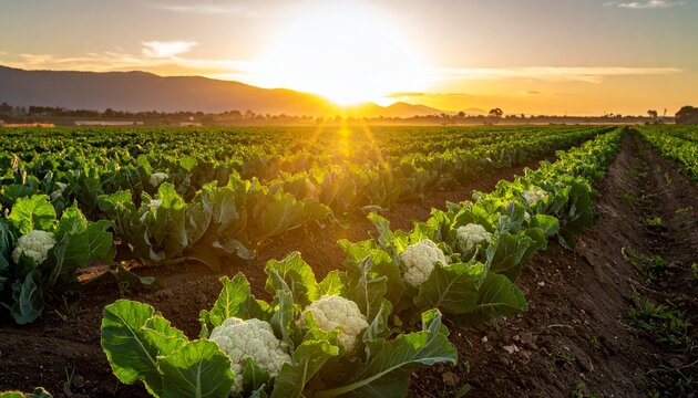 Blumenkohlfeld bei Sonnenaufgang