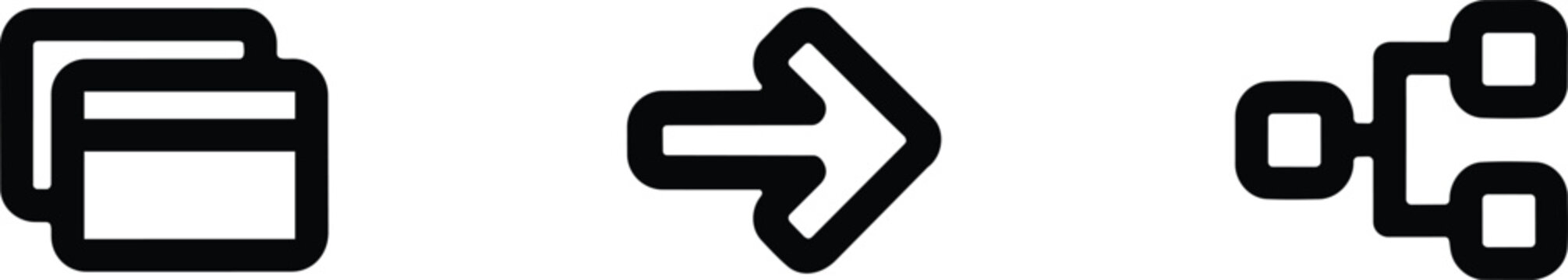 Simplified icons set representing payment cards, an arrow, and a branching network structure, bold and card icon
