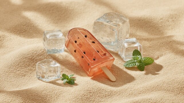 Refreshing watermelon popsicle with ice cubes and mint on sandy beach. Delicious homemade watermelon popsicle surrounded by ice cubes and fresh mint leaves on sandy surface, evoking summer refreshment