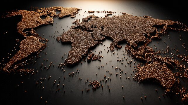 World map artfully crafted from roasted coffee beans on a dark surface. World map formed by countless coffee beans, scattered across dark, textured background, creating unique global representation