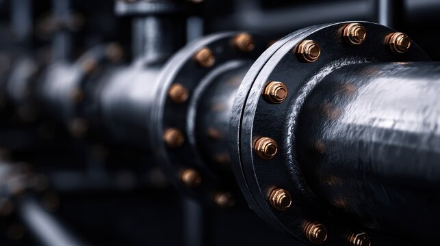 Robust industrial pipeline connection with dark textured metal flanges and prominent golden bolts, showcasing detailed mechanical engineering.