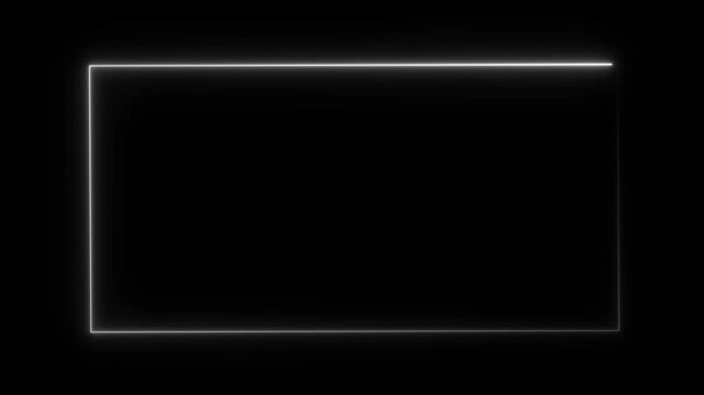 Glowing white neon rectangular frame outline on a deep black background for digital overlays and minimalist border
