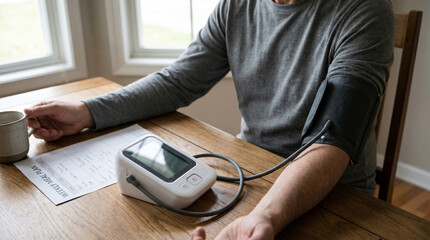 Fototapeta premium Home Blood Pressure Check at Dining Table Preventive Care Scene