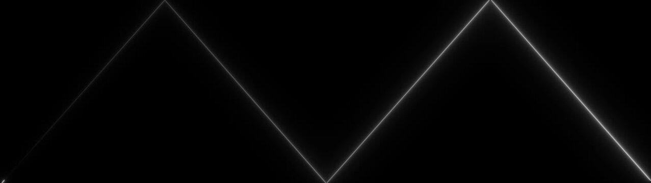 Minimalist white glowing neon light lines forming a sharp mountain peak shape against a solid black background for technology and digital concepts