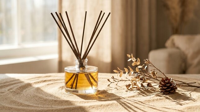 Glass reed diffuser bottle with aromatherapy oil and wooden sticks on a sunny table