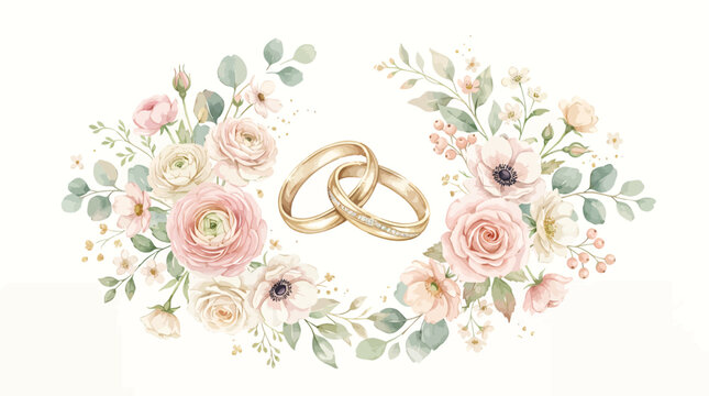 Gold Wedding Rings with Floral Wreath.