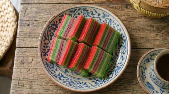 Slices of traditional Indonesian layered steamed cake kue lapis with colorful red green and white stripes on a vintage blue floral ceramic plate served with a cup of hot tea.