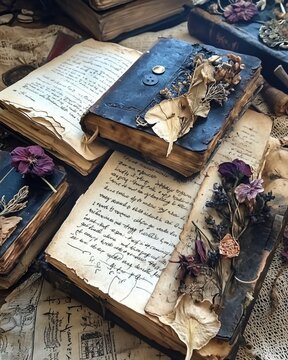 Antique notebooks with leather covers and dried flowers lying among the manuscripts and drawings. An atmosphere of magic, memories and secret knowledge.