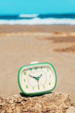 a green alarm clock on driftwood at the beach