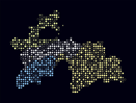 Tajikistan, shape of the country build of colored cells. Digital style map of the Tajikistan on dark background. Small size circle blocks. Trending vector illustration.