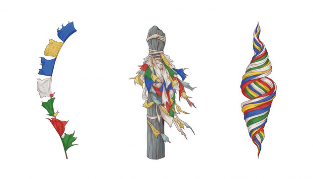 Collection of Colorful Prayer Flags and Spiritual Symbols