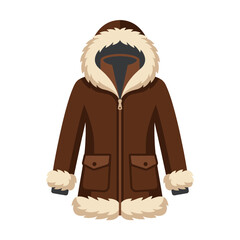 A brown winter parka with white fur trim on a white background © rio