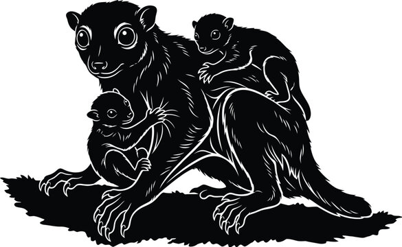 Colugo Family Silhouette Vector Illustration, Flying Lemur Gliding Mammal Wildlife Line Art, Minimal Black and White Animal Design with Membrane Wings