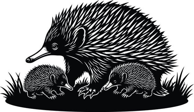 Echidna Family Silhouette Vector with Adult Parent and Two Babies Resting on Grass