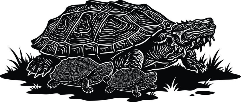 Matamata Turtle Family Silhouette Vector with Adult and Baby Turtles Resting on Grass and Mud