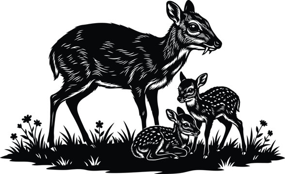 Chevrotain Mouse Deer Family Silhouette Vector with Parent and Babies Resting on Grass
