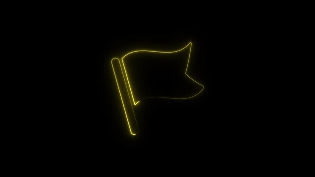 Glowing yellow neon outline of a waving flag on a pole representing a goal or achievement isolated on a solid black background