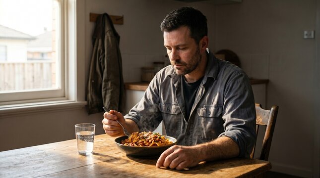 Warehouse Staff Consuming Pasta Morning Meal Under Bright Sunlight