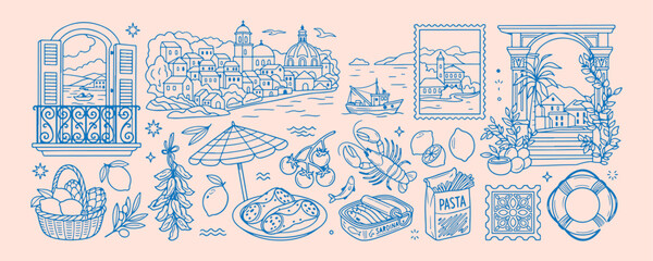 Scenic coastal travel border, beautiful seascape doodle set, relaxing seaside decorative dividers, historic town frame collection, peaceful travel stationery design, charming maritime pattern borders, © Geetaroy