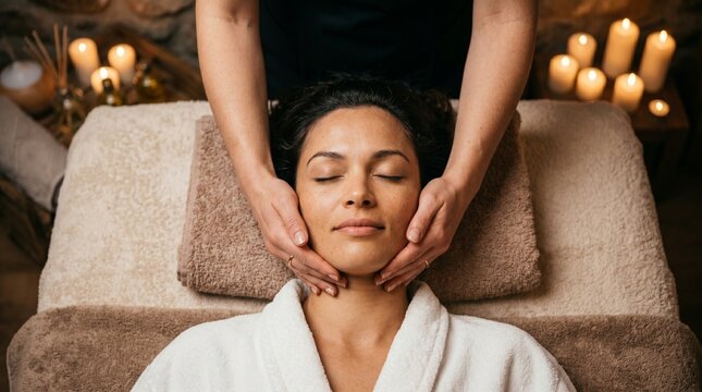 A serene woman with closed eyes experiences a gentle facial massage performed by a professional therapist in a dim room with soft warm golden lighting.