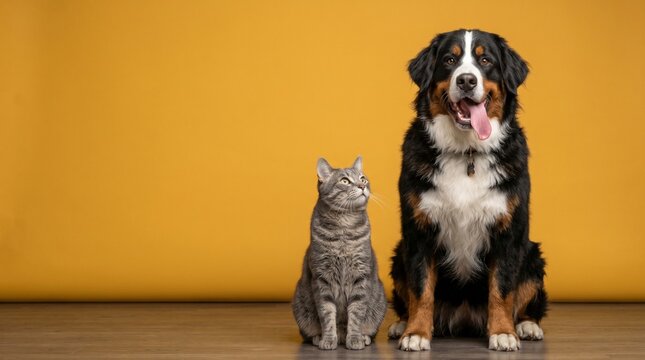A fluffy Bernese mountain dog sits beside a small grey tabby cat while both animals look upward in this studio portrait with soft lighting effects.