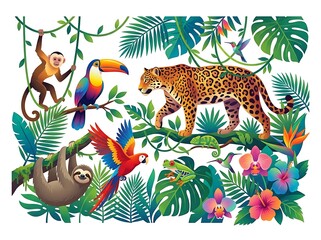 Naklejka premium Vibrant jungle scene with tropical wildlife and lush foliage