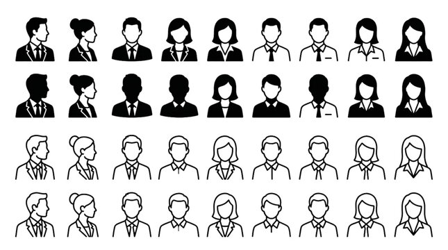 Business Person Icons Silhouette and Outline Styles Professional Avatar Vector Set