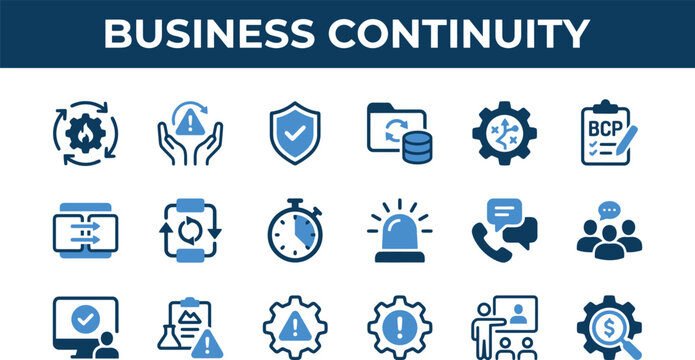 A comprehensive set of blue and white icons representing various aspects of business continuity planning and disaster recovery.