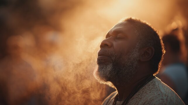 A middle-aged black man in profile at sunset at a memorial service. An African man with gray hair in his beard stands on the street in a haze, illuminated by warm light, close-up