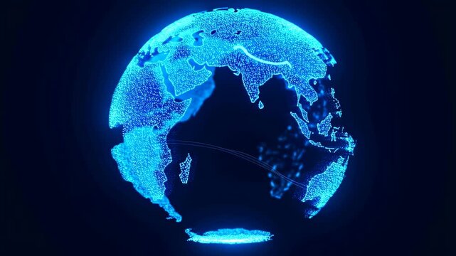 Animated digital globe showcasing interconnected continents and data points. Represents global connectivity and technological advancement in communication