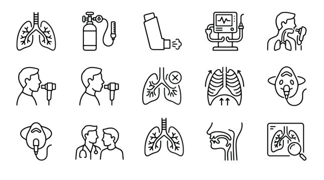 Set of Fifteen Grey Respiratory Healthcare and Pulmonology Icons on Solid Black Background