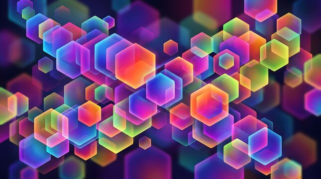 Dynamic abstract background featuring a radiant composition of interconnected hexagonal shapes in a spectrum of vibrant colors creating a modern geometric pattern