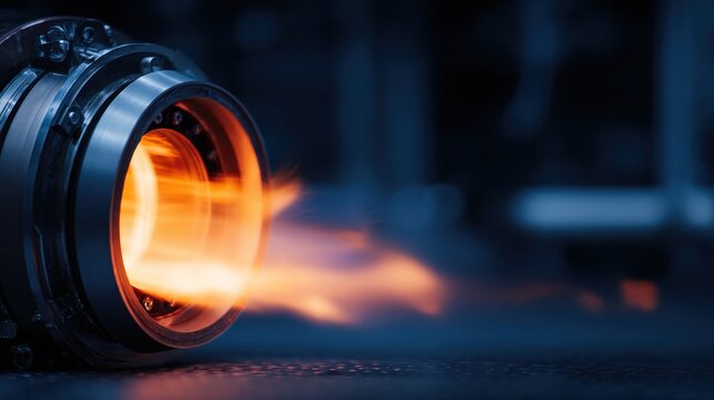 Powerful jet engine nozzle expelling bright orange flames in a dark industrial setting, symbolizing innovation