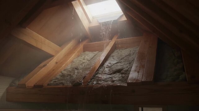 Heavy rain pouring through a leaking skylight into a modern home attic. Water soaking exposed wooden rafters and insulation. Property damage and home maintenance emergency concept