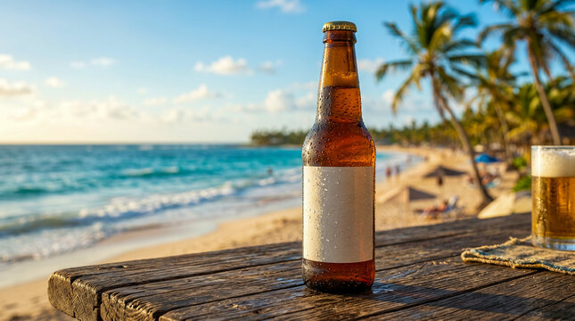Botellin de cerveza refrescante en playa tropical para campa&ntilde;as publicitarias de verano.