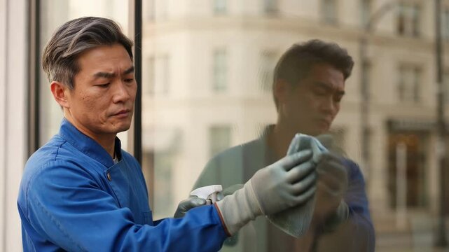 Professional cleaner polishing glass window in commercial building. Maintenance worker cleaning storefront exterior. Janitorial service concept