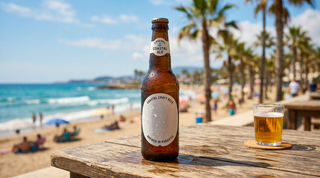 Botellin de cerveza refrescante en playa tropical para campa&ntilde;as publicitarias de verano.