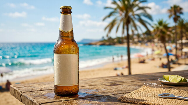 Botellin de cerveza refrescante en playa tropical para campa&ntilde;as publicitarias de verano.