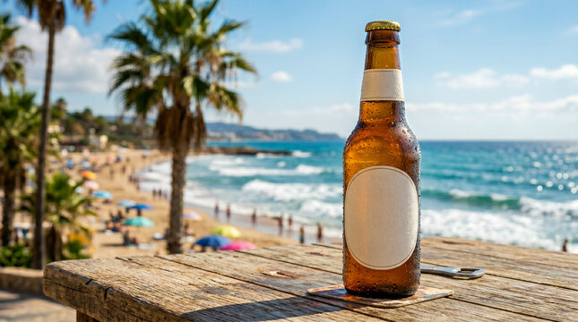 Botellin de cerveza refrescante en playa tropical para campa&ntilde;as publicitarias de verano.