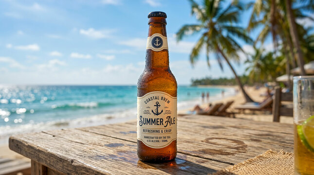 Botellin de cerveza refrescante en playa tropical para campa&ntilde;as publicitarias de verano.