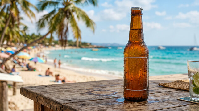 Botellin de cerveza refrescante en playa tropical para campa&ntilde;as publicitarias de verano.