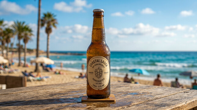Botellin de cerveza refrescante en playa tropical para campa&ntilde;as publicitarias de verano.