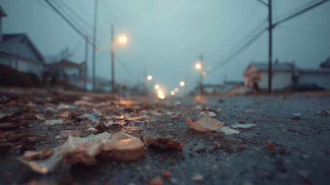 A ruined street after a natural disaster with debris. A road covered with rubble and broken material after a natural disaster.