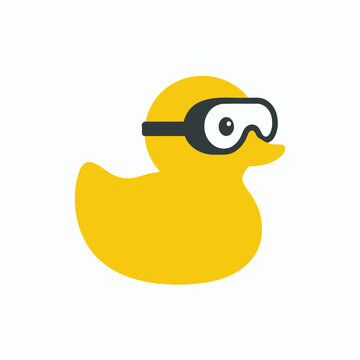 Yellow rubber duck wearing black swimming goggles