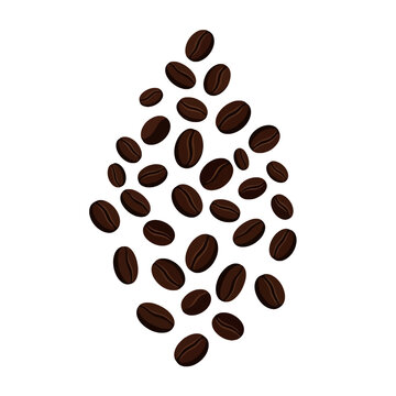 Roasted coffee beans falling in a drop shape on white
