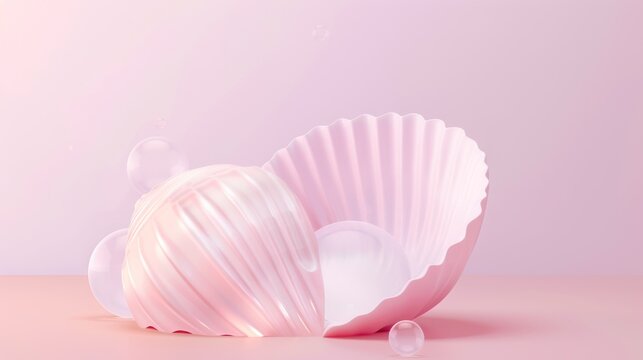 Pink Seashells with Pearlescent and Transparent Spheres on Soft Pastel Background