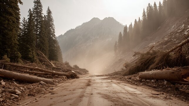 Mountain road destroyed by landslide. A rural mountain road buried under rocks and fallen trees after a landslide triggered by heavy rain.