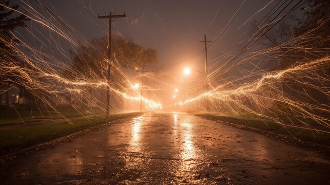 Heavy rain hitting power lines in night storm.Street lights reflect on wet asphalt as electrical lines spark in the rain.