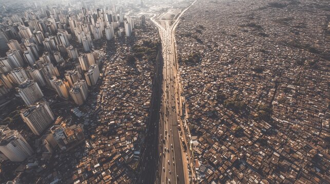 Top view of a megopolis with densely populated areas of skyscrapers. A massive urban landscape filled with high-rise buildings and dense urban development.