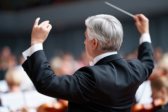 Conductor in tuxedo leading orchestra with baton musical performance direction